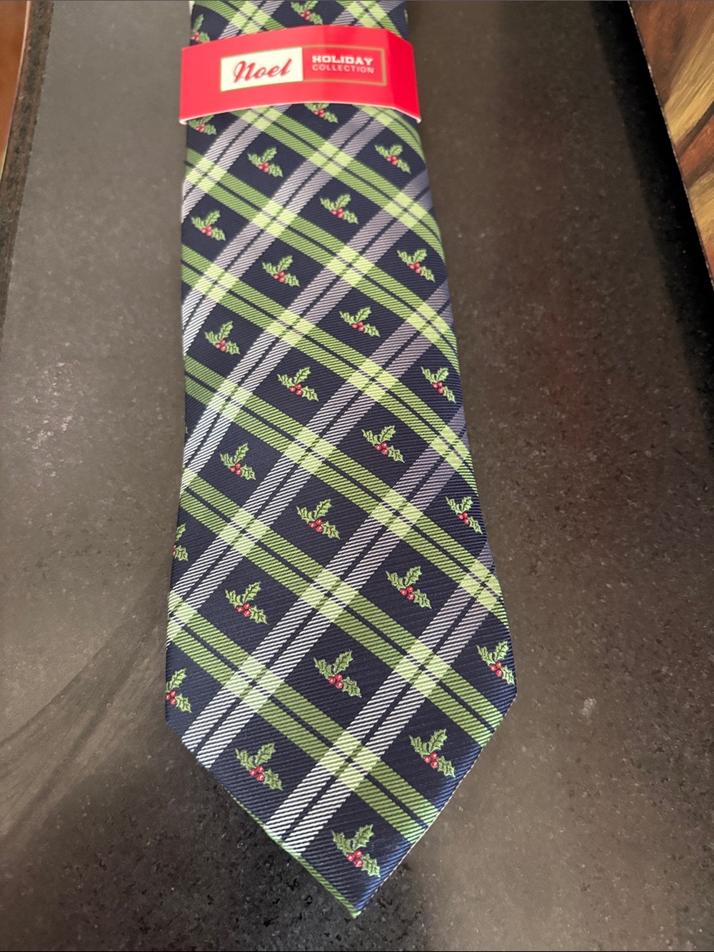 Navy Plaid Tie with Green Accent